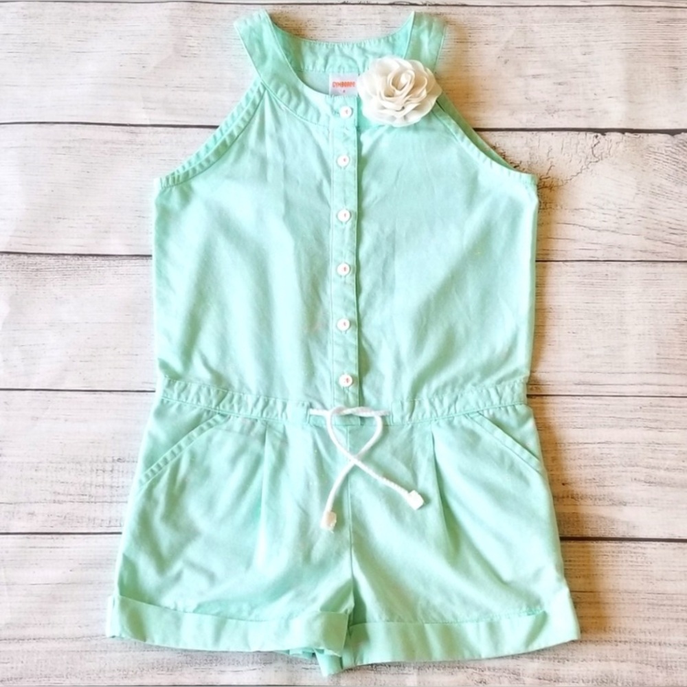 Gymboree Mint Green with pink. Kids Sz 6 Romper with Floral Accent.